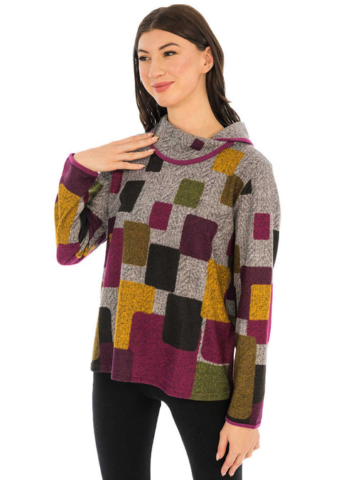 Contrast trim twist neck block pattern sweater.