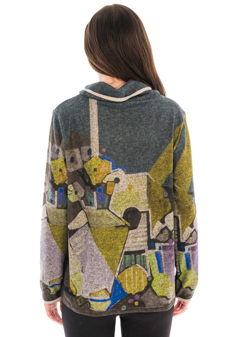 Contrast trim twist neck abastract print sweater.