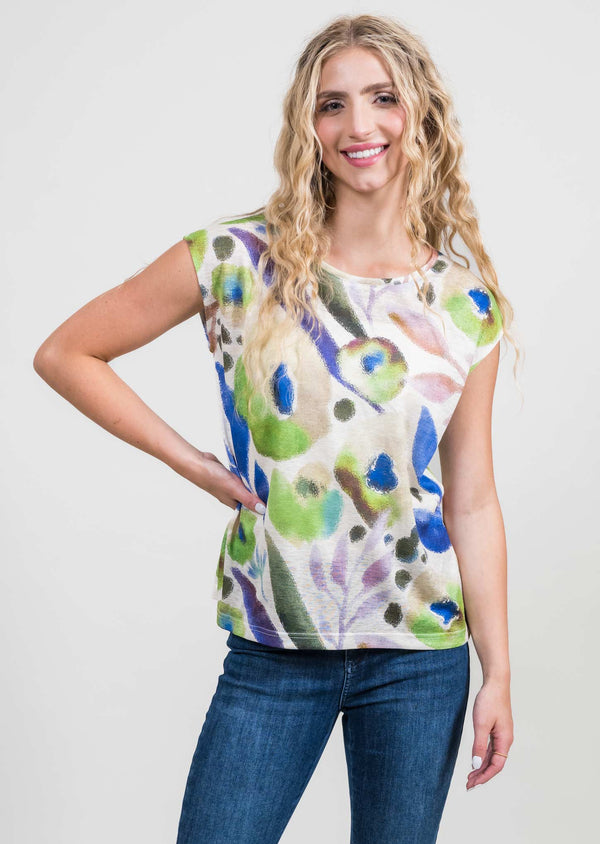 Chemise en lin bleu/vert à boutons au dos