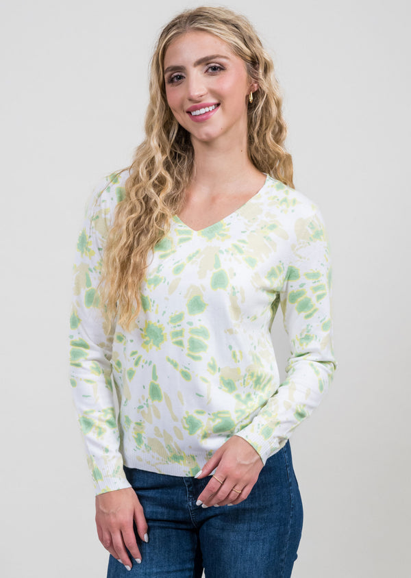 Lime/White Printed V-Neck Sweater