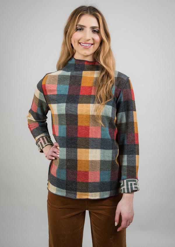 Brushed Reversible Block Plaid Mock Neck