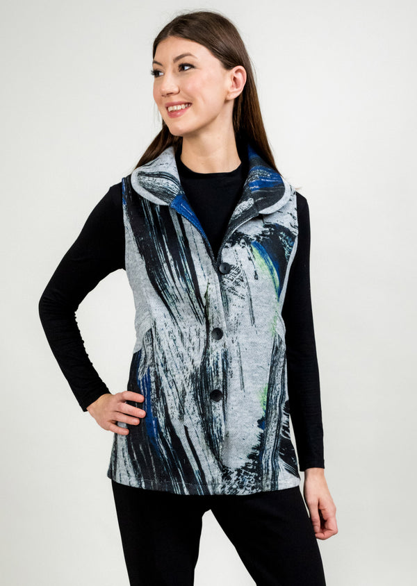 PRINTED BUTTON SIDE VEST WITH SELF TURNBACK TRIM