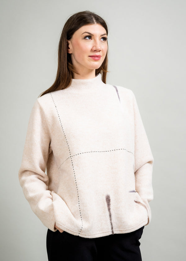 MECK NECK SWEATER WITH LINEAR FELTING AND EMBROIDERY