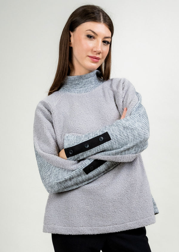 RIBBED COWL NECK WITH SHERPA FRONT AND BUTTON DETAIL