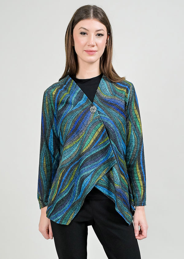 BLUE/GREEN MULTI PRINT ONE BUTTON CARDIGAN