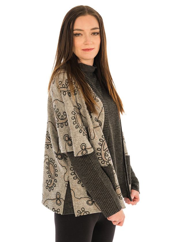 Rib trim open front cardigan paisley